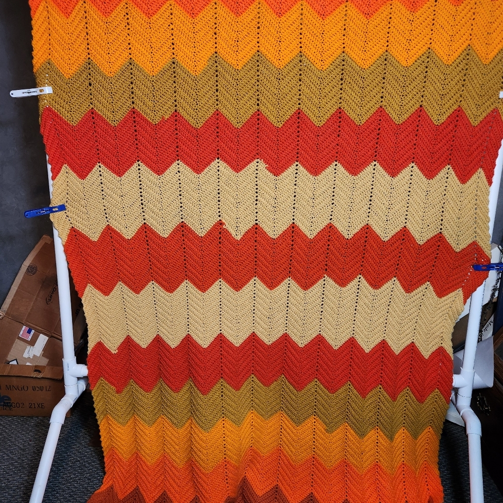 Vintage Crochet Ripple Blanket Orange Red Brown Handmade